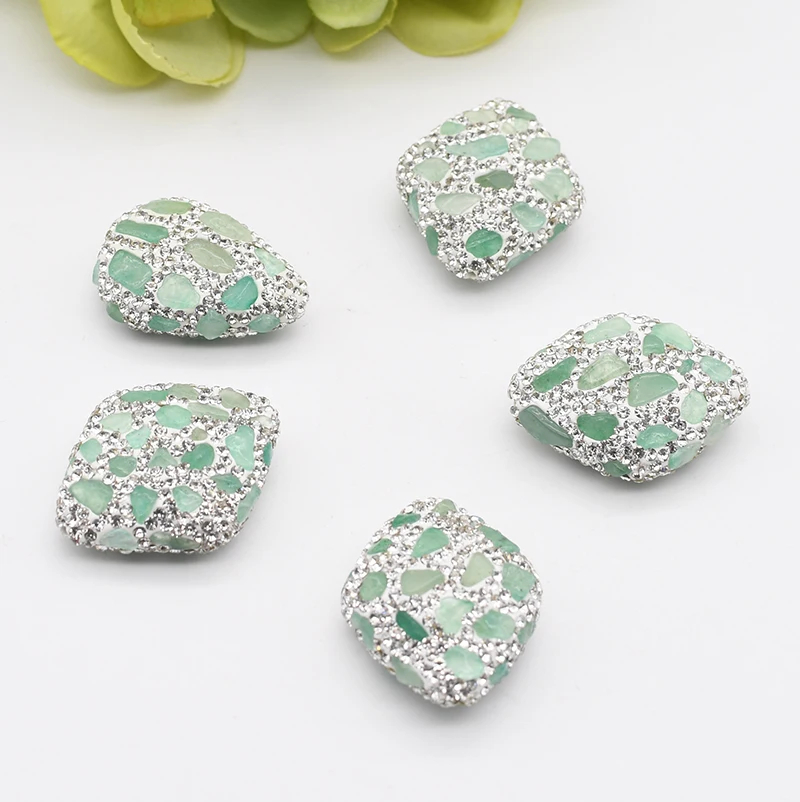 

5 pcs/lot 33x25mm High Quality Light Green Larimar diamond Beads Trimmed With Crystal Zircon