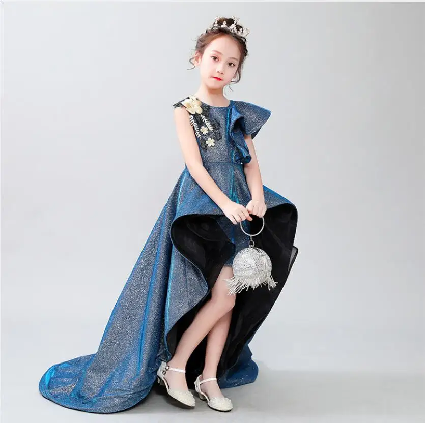 Blue Lace Sequin Flower Girl Wedding Dress Teenage Children Formal Evening Party Long Dress Kids Dresses For Girls Princess Gown