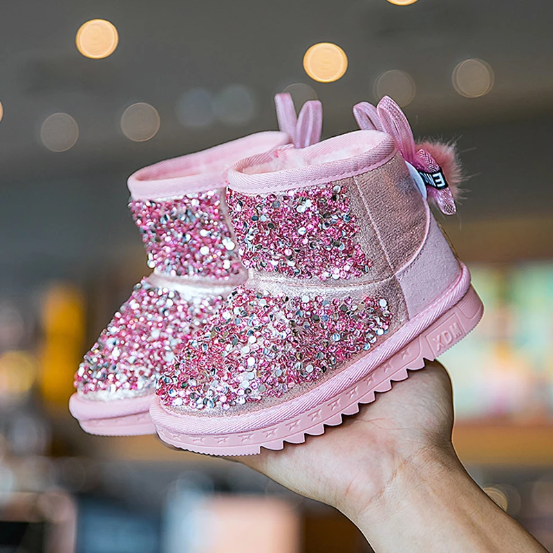 Moda novo inverno crianças sapatos princesa glitter meninas orelha de coelho anti deslizamento pé mais quente botas de tornozelo neve 1-12 anos de idade