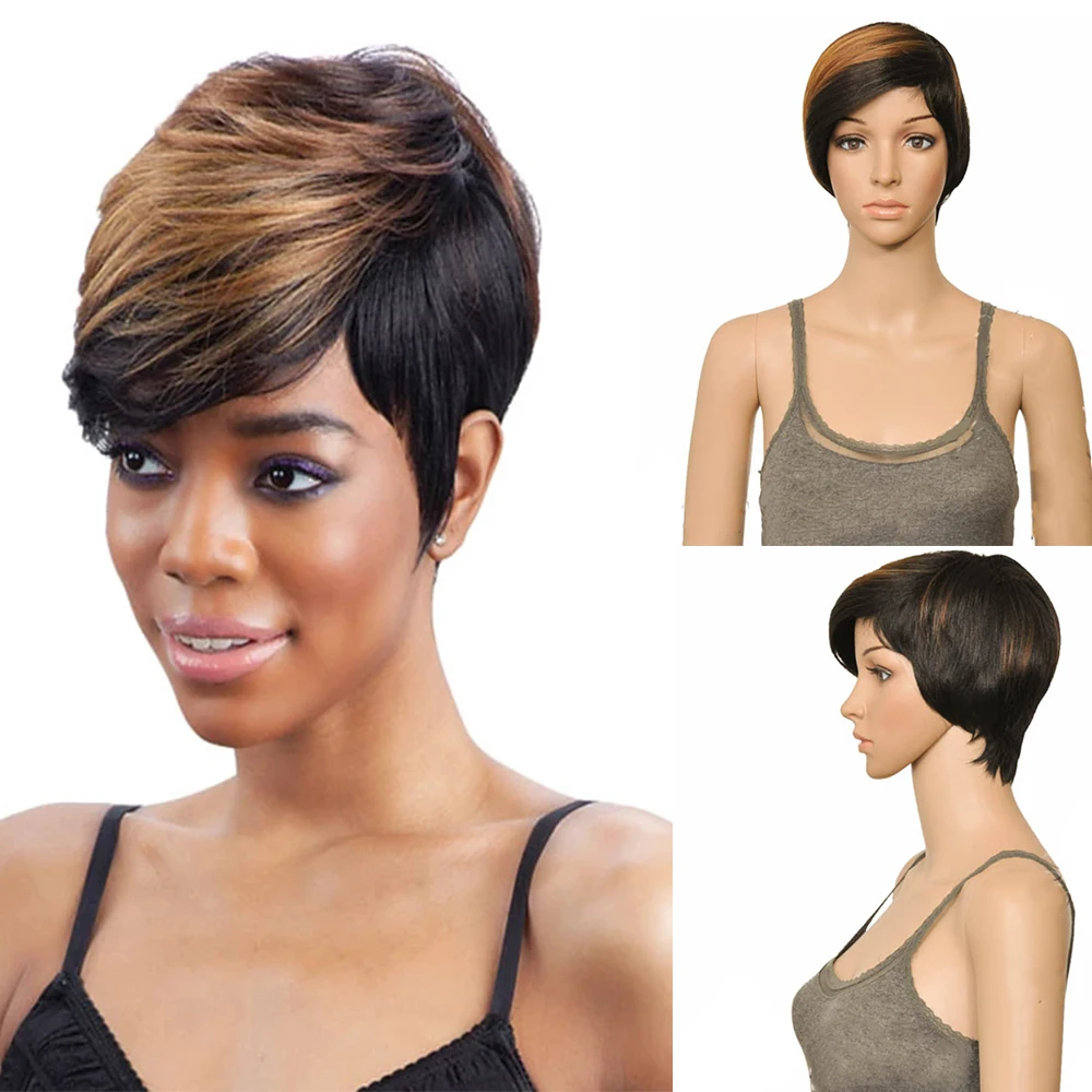 HAIRJOY Synthetic Hair Women Black  Brown Mix Color Wigs  Short Straight Afro Side Party Wig 4 Colors Available