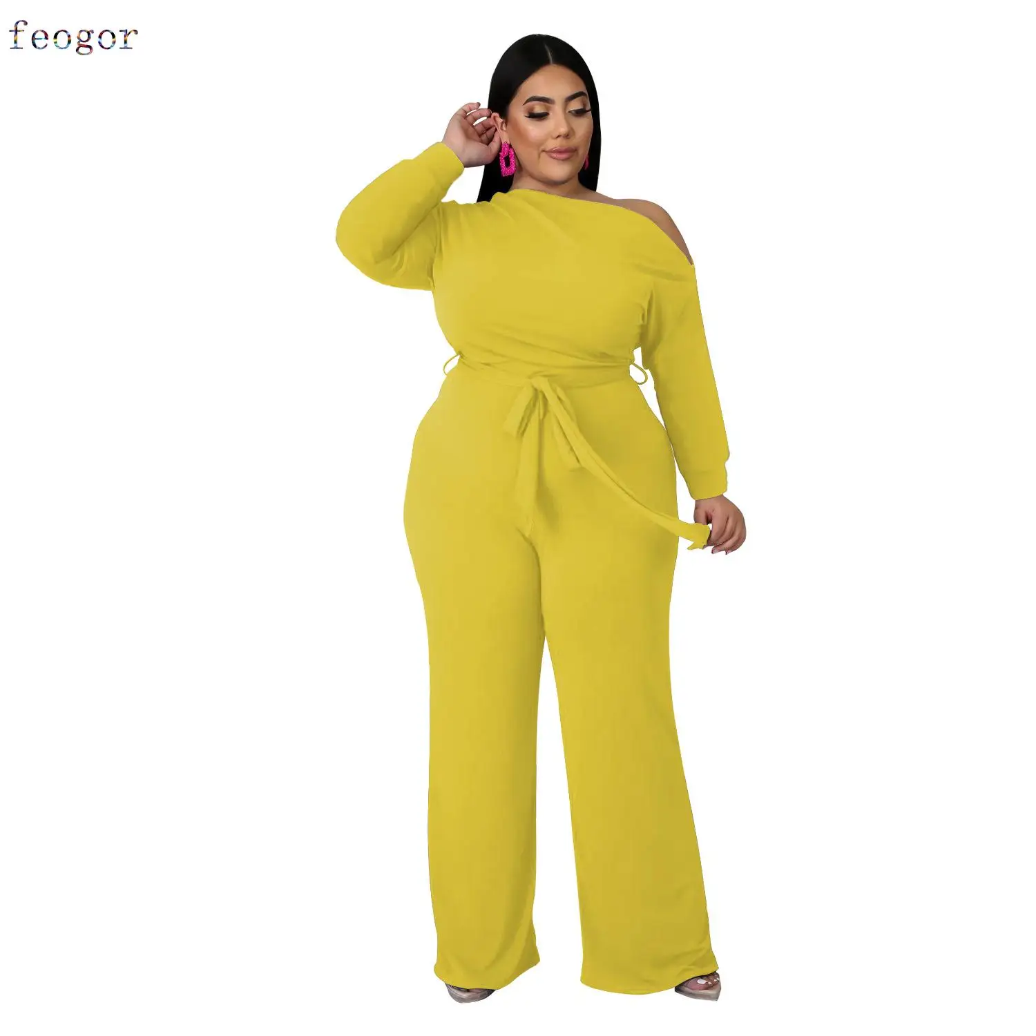 Women\'s Clothing Plus Size Sets Fall Solid Color Oblique Shoulder Wide Leg Flared Pant 2021 Two-Piece Suit Urban Fashion Casual