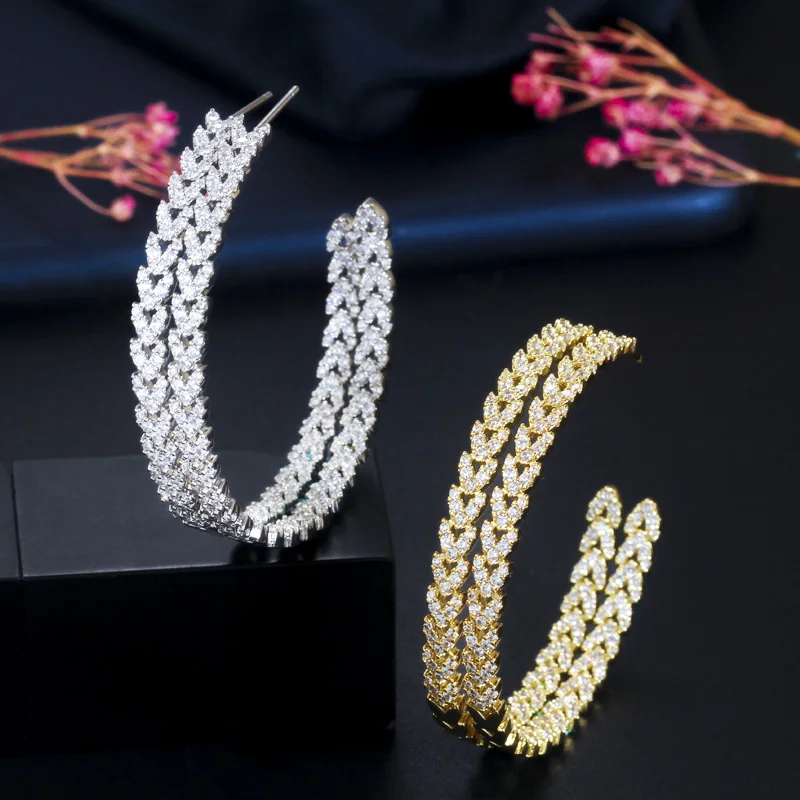 CWWZircons Half Round White Cubic Zirconia Pave Large Wedding Party Hoop Earrings for Women African Gold Plated CZ Jewelry CZ745