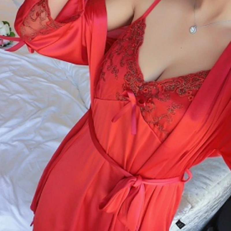 Robe Gown Sets Women Ice-silk Bow Lace Stylish Sexy Loose Nightwear Chic Thin Womens Bathrobe Home Casual Sleepwear Comfortable