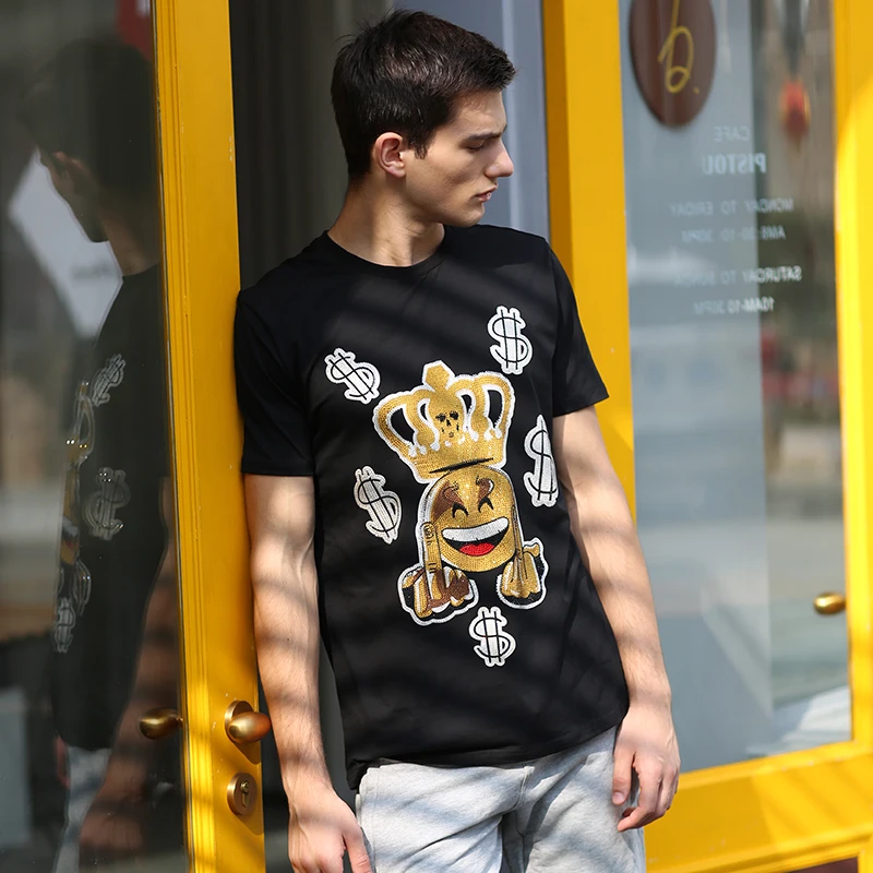 AlexPlein Smiling Face $ Rhinestones Diamond T Shirt Funny Men's Clothing Fashion 100%Cotton O Neck