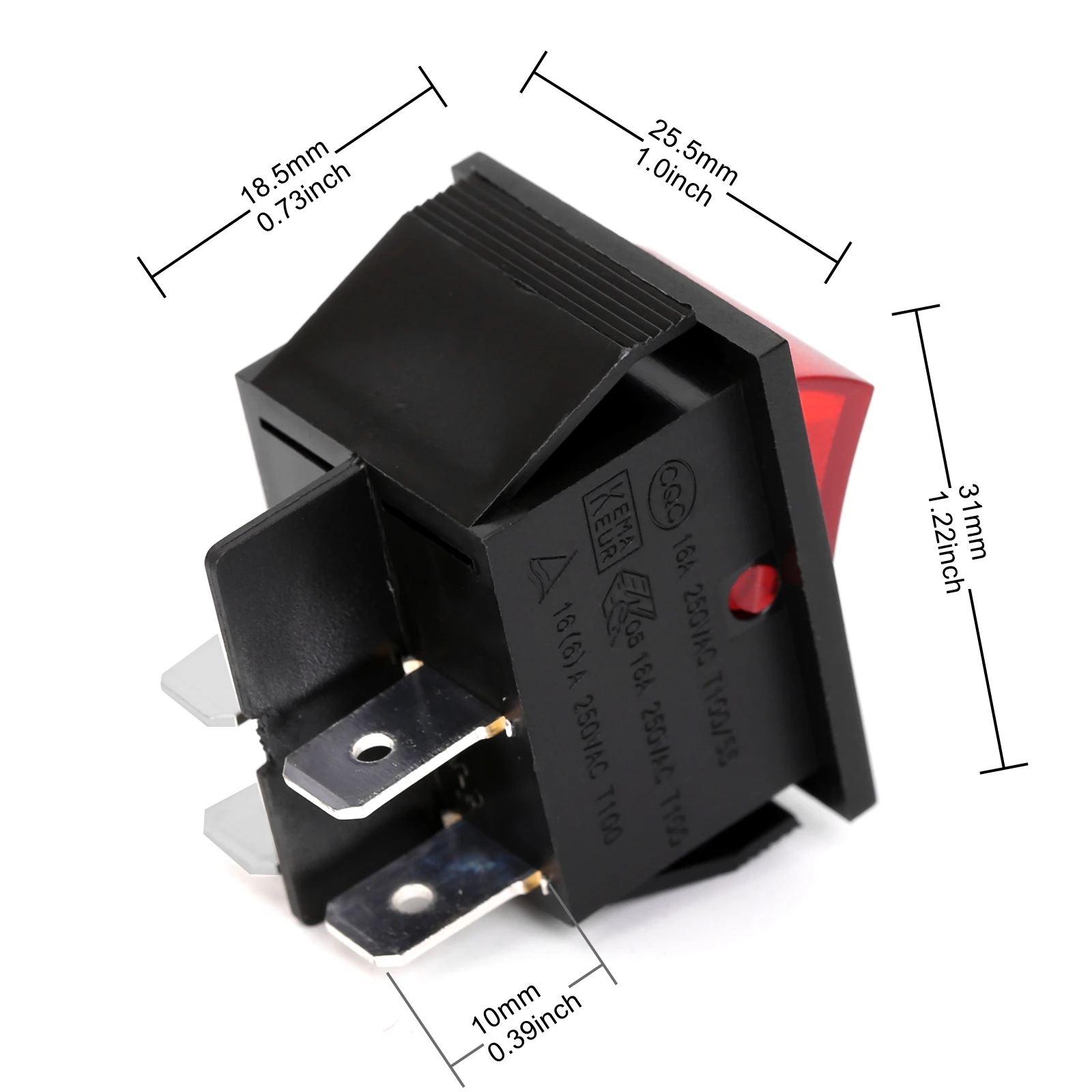 5Pcs/Lot AC 16A/250V 16A/125V Boat Rocker Switches, DPST 4Pin 2 Position With Red Light Rocker Switch