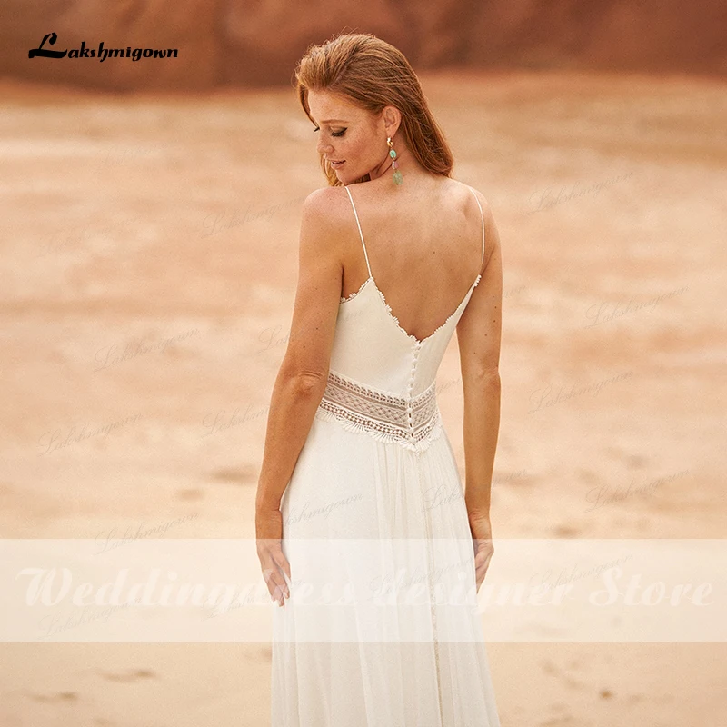 Sexy Spaghetti Straps Boho Wedding Dress Summer Beach Newest Mariage Simple Beach Wedding Gown Lace Open Back vestido de novia