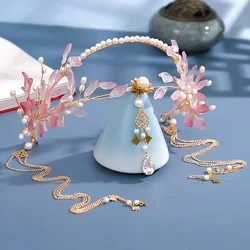 Tassel Fake Earrings Hairband Chinese Hanfu Hair Accessories Pink Floral Tiaras Headband Travel Photography Fairy Hair Jewelry