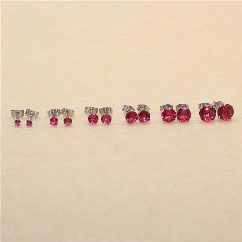 Size 3mm to 8mm 316L Stainless Steel Hot Pink Color Round Zircon Stud Earrings  No Fade Allergy Free Brief Jewelry