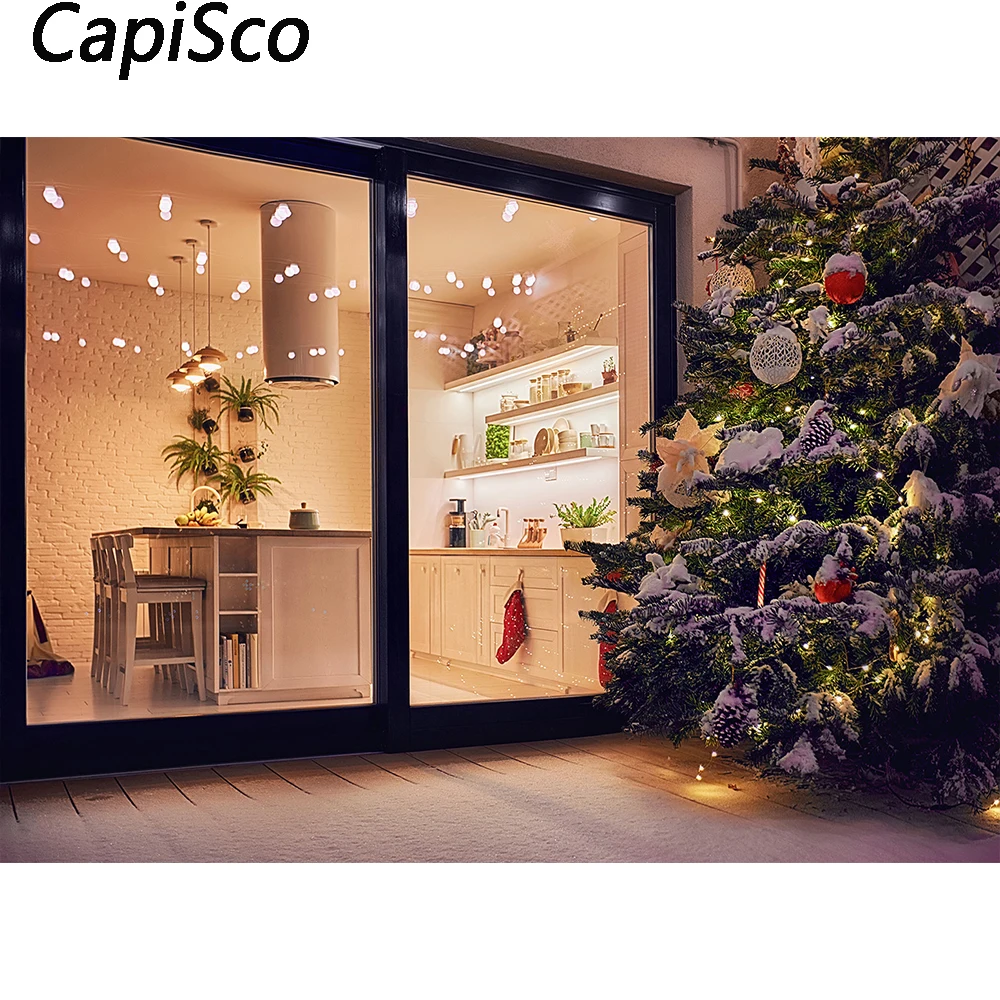 Capisco Photography Background for Christmas Window Kitchen Xmas Tree Night Snow Baby Kid Birthday Backdrop Photocall Props