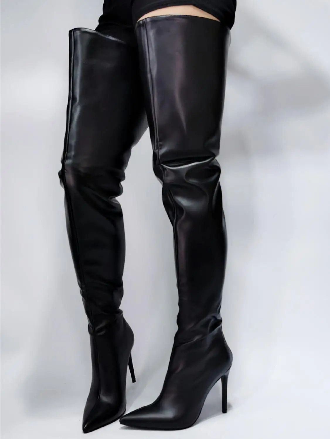 

Sexy Stripper Tall Thigh High Women Leather Boots Black Stiletto High Heel Sorbern Booties Runway Crotch Rainboots Ladies Stock