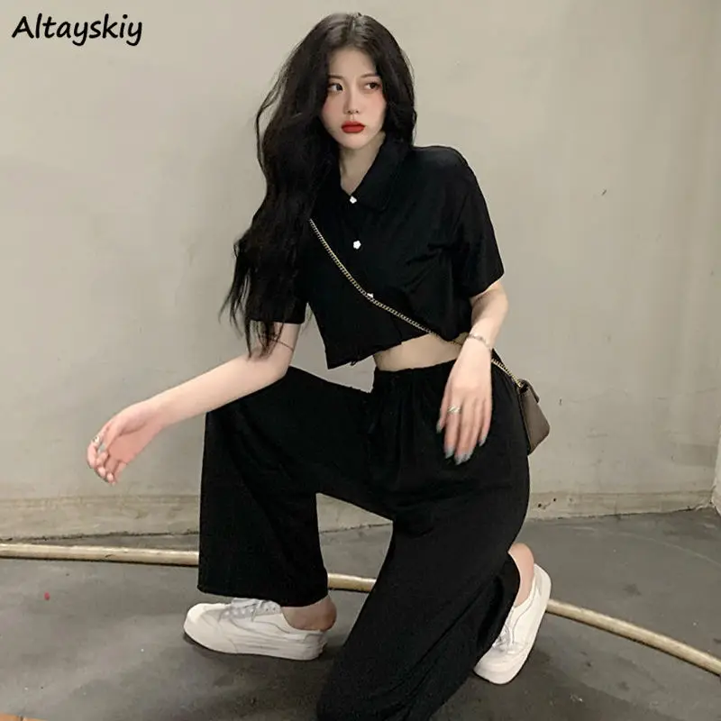 Black Pants Sets Summer Elegant Casual Fashion T-shirts Crop Tops Ladies OL High Waist Straight Trousers Baggy All-match Outfit