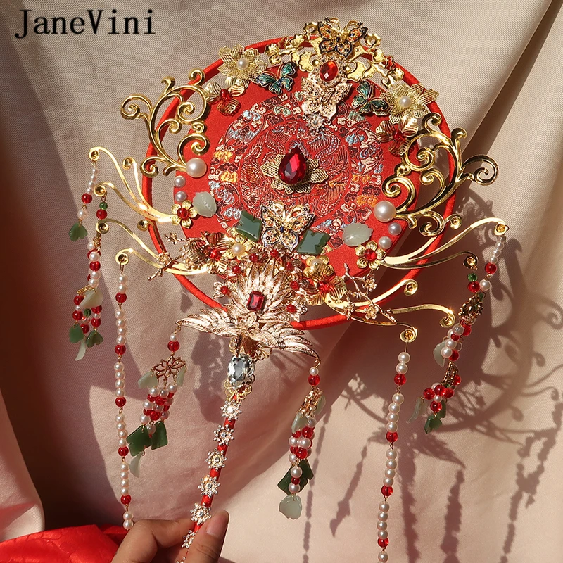 JaneVini Luxury Chinese Bridal Fan Bouquets Pearls Tassels Long Handle Artificial Metal Flowers Crystal Fans Wedding Accessories