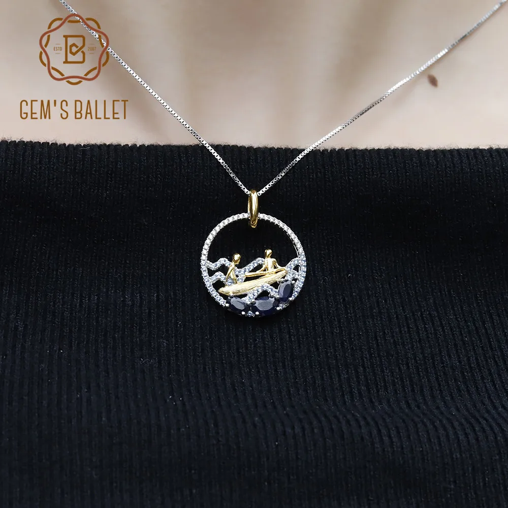 GEM'S BALLET Handmade Wave rowing Pendant 1.15Ct Natural Diffusion Sapphire Necklace 925 Sterling Silver For Women Fine Jewelry