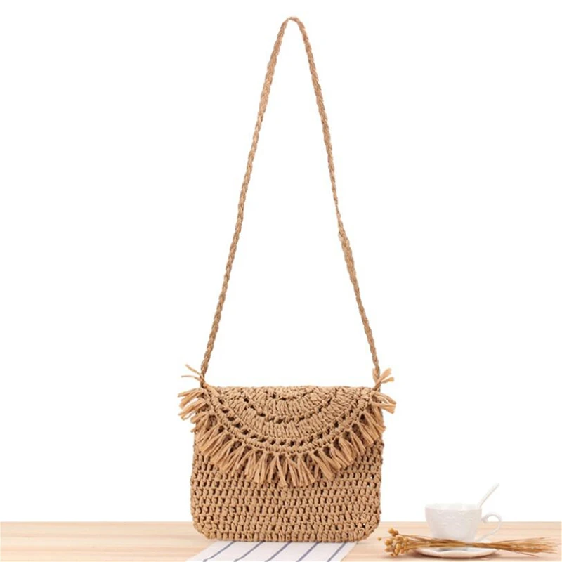 New Handmade Crochet Tassels Straw Woven Beach Bag for Women Casual Vacation Single Strap Shoulder Bag Wallet Purse IL00586