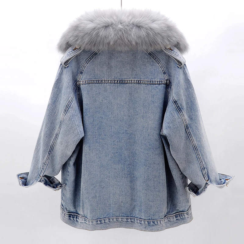 Fox Fur Collar Removable Rabbit Fur Liner Denim Jacket Coat Women Outerwear Winter Loose Thick Warm Jeans Jackets Parka Female