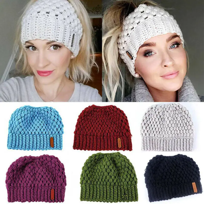 Women Girls Hat Messy High Bun Ponytail Beanie Stretch Knit Winter Warm Hole Cap Hot