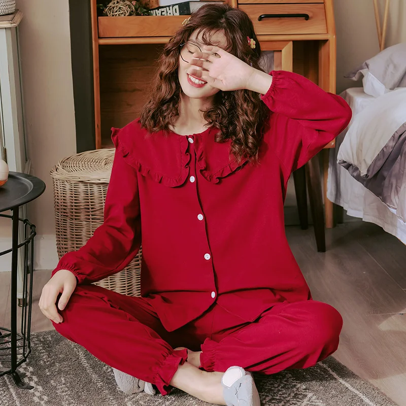 Women Full Cotton Pajamas Wedding Festive Red Pajama Sets Sleepwear Long Sleeve Top+Long Pants Pajamas Home Clothing Pyjamas