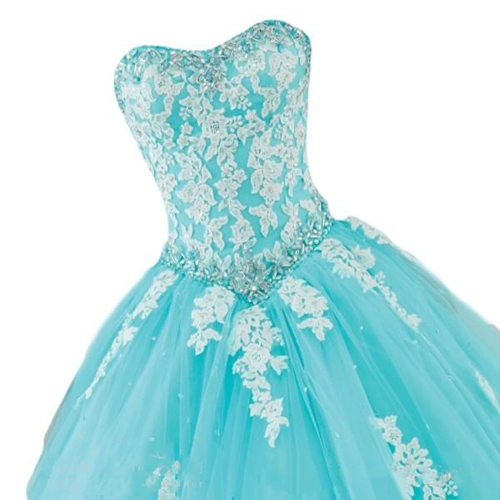 Amazing Aqua Blue Turquoise Quinceanera Dresses Puffy Ball Gown Crystals Lace Appliques Tulle Prom Party Gowns Sweep 16 Dresses