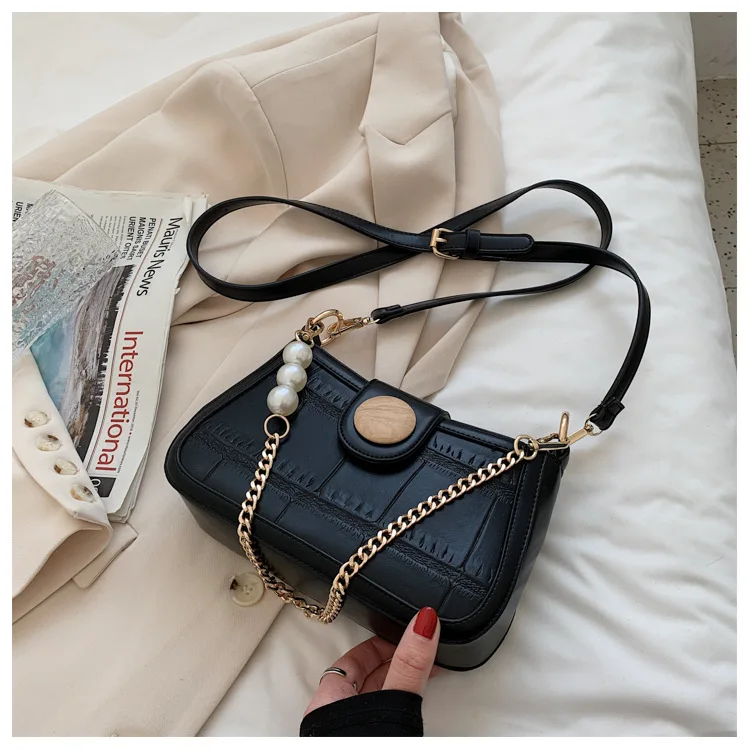 Fashion Stone Pattern Ladies Handbag Chain Small Square Bag Beaded Shoulder Bags Solid Color Messenger Bags Women Underarm Bag