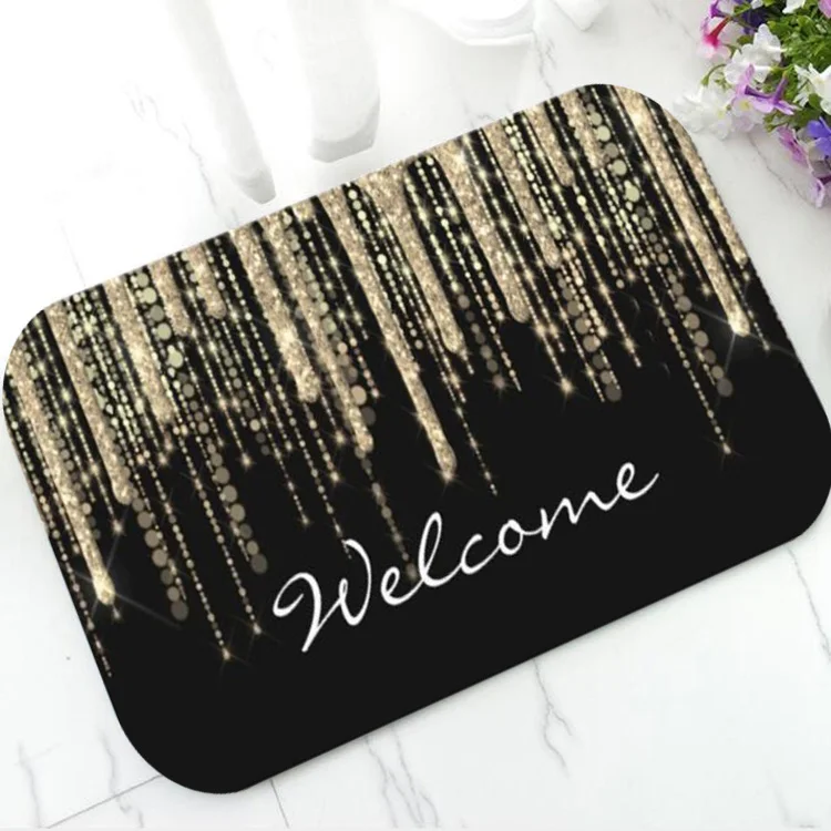 Modern Black Gold Drips Glitter Sparkly Welcome Doormat Elegant Door Mat Rug Carpet for Bathroom Kitchen Floor Entrance Decor