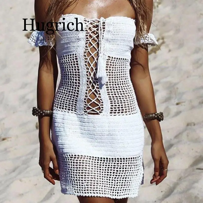 

2020 Sexy Women Bandeau Solid Beach Dress Hollow Out Beach Tunics Bikini Cover Up Beachwear Kaftan Beach Cape Crochet Pareo Mayo