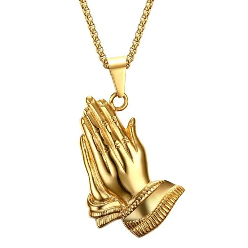 Gold Silver Color The Praying Hands Pendants & Necklaces Brother Gift Stainless Steel Hip Hop Men Jewelry Punk Chain Necklaces