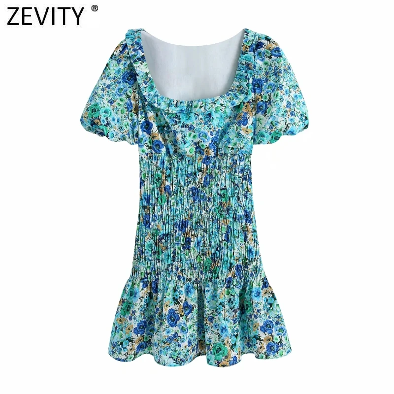 Zevity Women Sweet Agaric Lace Floral Print Pleated Slim Dress Prairie Chic Female Puff Sleeve Vestido Ruffles Mini Dress DS8286