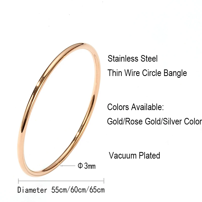 3mm Circle Round Bangle Bracelet Stainless Steel Thin Single Wire Bracelets Simple Classic Jewelry Women Rose Gold Silver Color