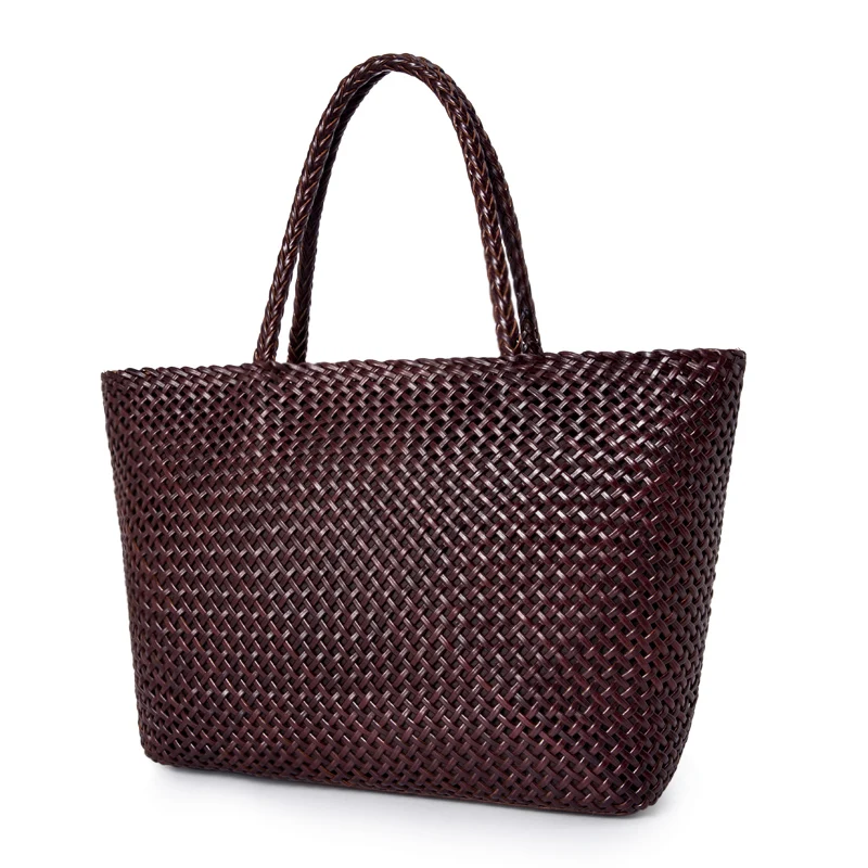 Real Leather Women Handbag retro Handmade Woven Totes Female Cowhide white weave Holiday Big Bag Causal Soft Handbags