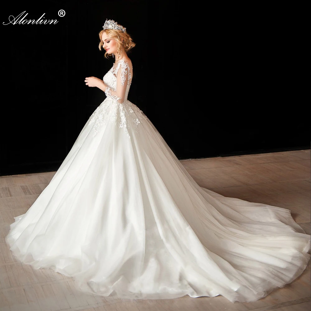 Alonlivn Elegant Silky Tulle Sweetheart Wedding Dresses Three Quarter A-Line Court Train Bridal Gown Vestido De Noiva