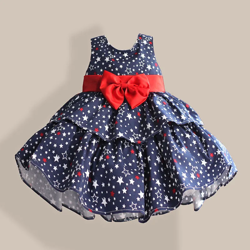 Star Print Red Bow 100% Cotton Layers Baby Girls Dress 1 year birthday party wedding kids clothes infant toddler wear 3M 6M 12 4