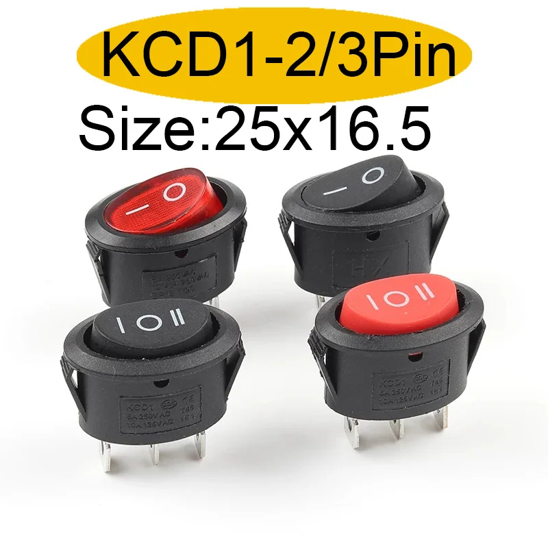 5/10 PCS 2/3 Pin Mini Round Boat Rocker Switch 25*16.5mm SPST ON-ON ON-OFF ON-OFF-ON 6A/250VAC Power Button Switch With Light