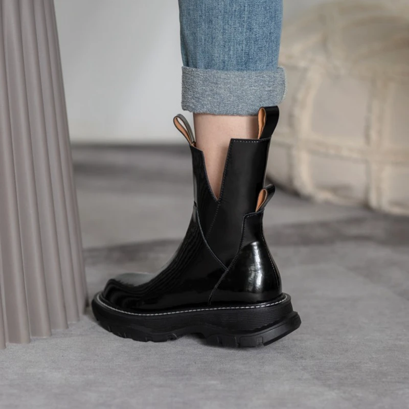 Women Shoes Platform Women Boots 2024 Winter Genuine Leather Zip Ankle Boots Women Autumn Black Zapatos De Mujer Chunky Boots