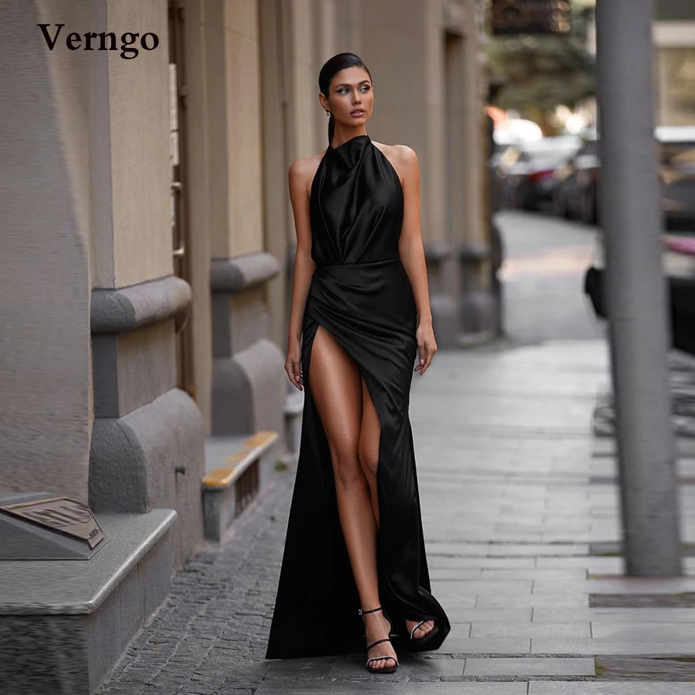 Verngo Sexy Backless satynowy suknie balowe syrenka Halter wysokie rozcięcie nowoczesne suknie wieczorowe kobiety prosta sukienka na specjalną okazję