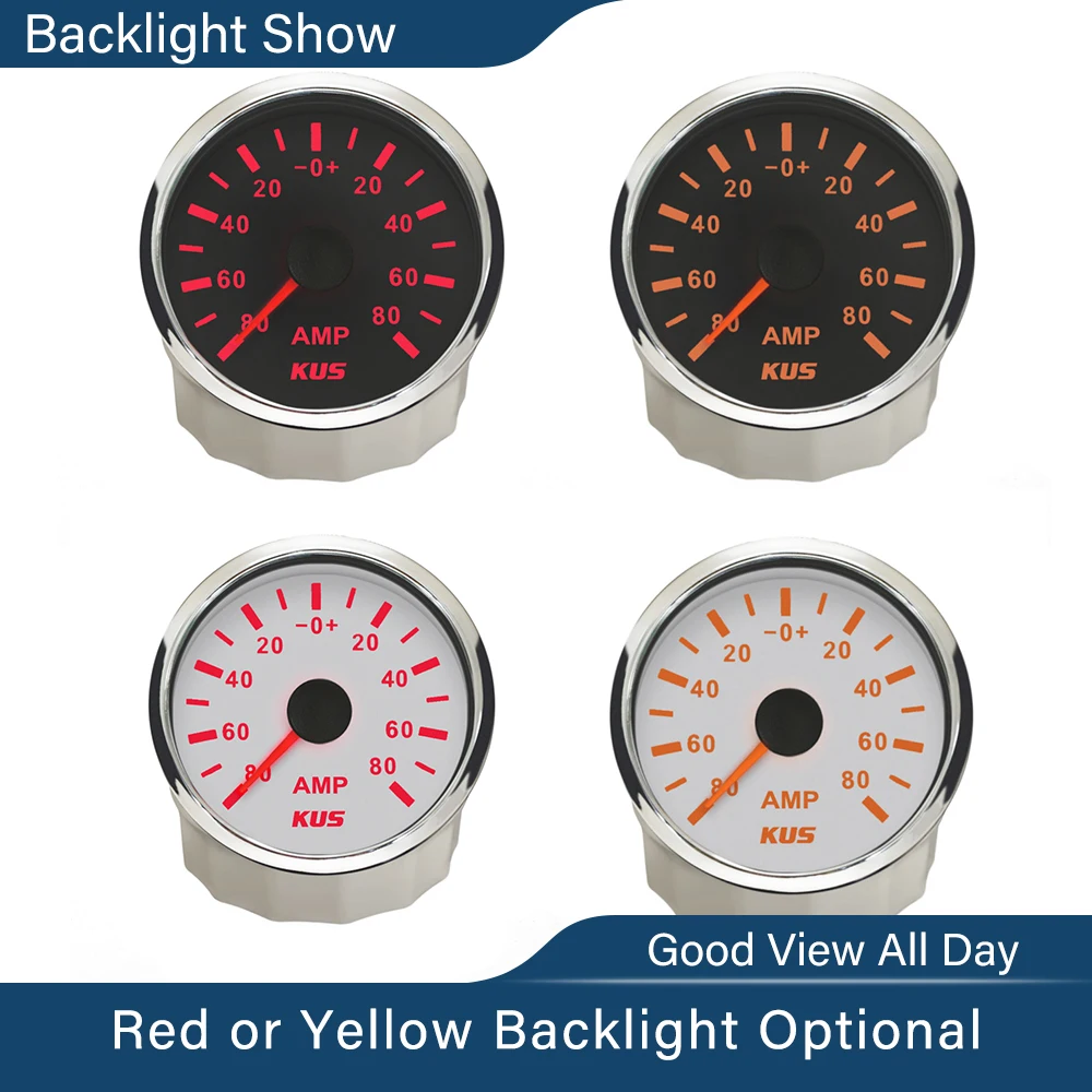 KUS 52mm Ampere Gauge Ammeter AMP Meter +/-50A +/-80A +/-150A With Current Sensor With Red Yellow Backlight 12V/24V