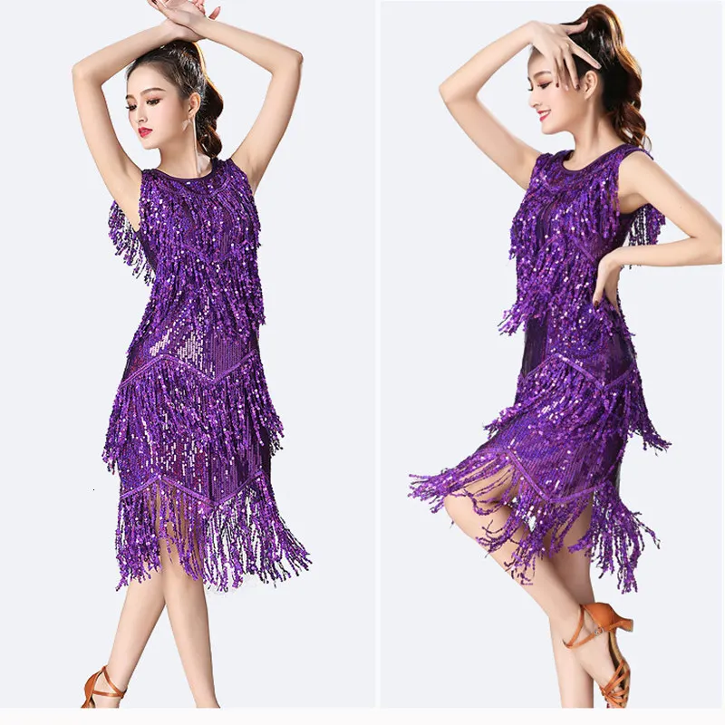 Sexy Sequins Latin Dance Practice Competition Dress Classical Sleeveless Costume Line Ballroom Jazz Tassel Wear Vestidos