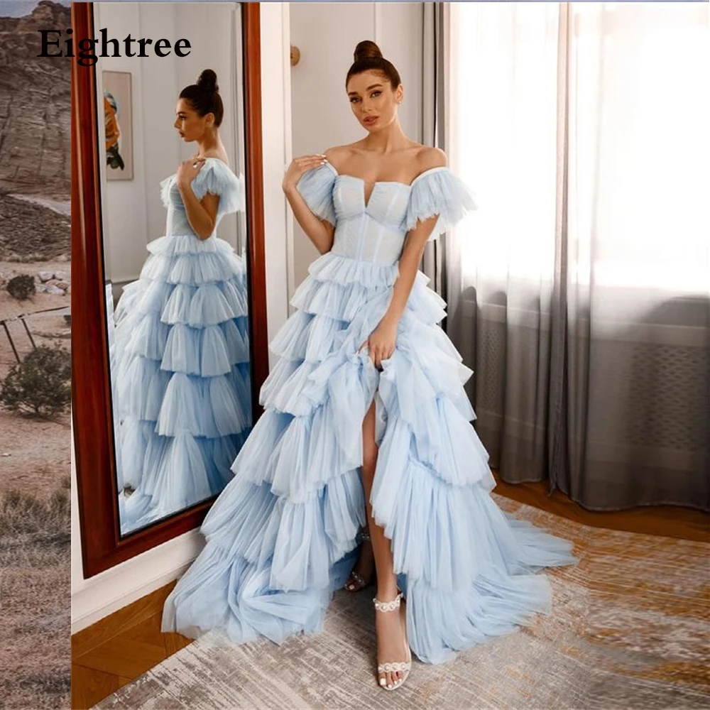 Eightree 2021 Sky Blue Ruffled Long Tulle Cake Evening Dresses  A Line Sleeveless Tiered  Floor Length Prom Ball Gowns