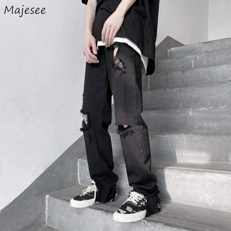 Summer Ripped Jeans Men Straight Distressed Denim Trousers Teens Retro Korean Style Fur-line Hole Street Wear Oversize S-3XL BF