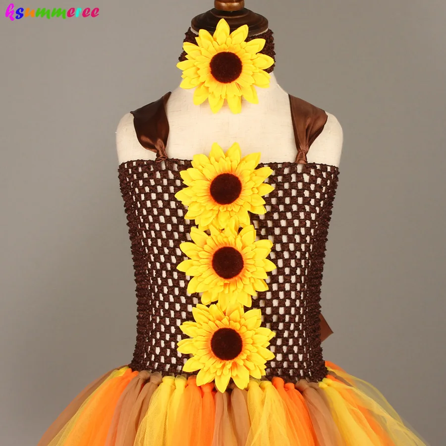 Fall Sunflower Girls Tutu Dress with Matching Headband Kids Woodland Fairy Costume Children Thanksgiving Birthday Tutu Dress