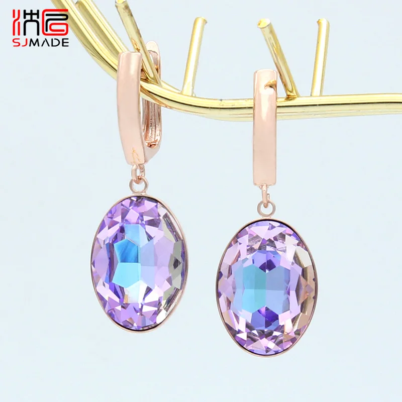 SHENJIANG New Fashion Simple Exaggerate Oval Large Crystal Dangle Earrings For Women Wedding Jewelry 585 Rose Gold Color Eardrop