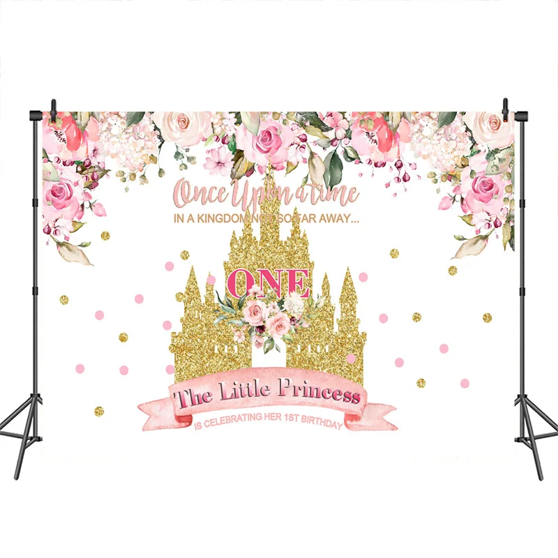 

1st Birthday Backdrop for Photography 1 year Baby Princess Golden Castle Background Rose Flower Banner Decorations Photo Studio