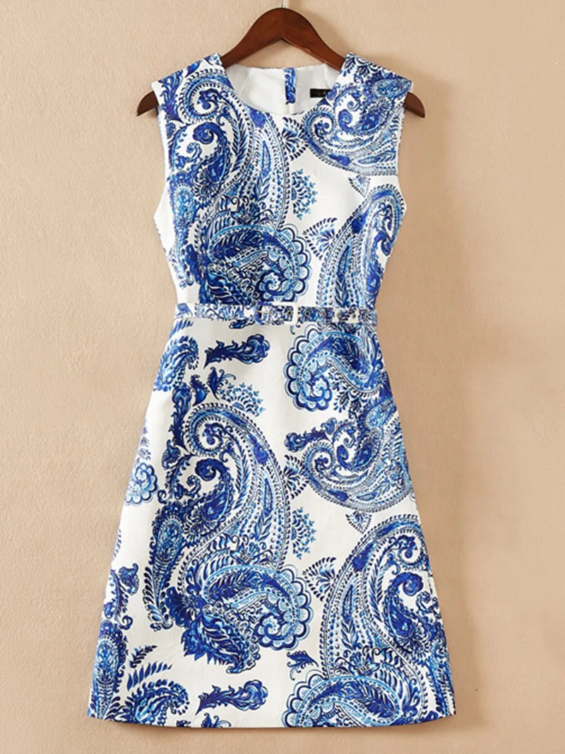 

Vintage Blue And White Print Women A-Line Dress Round Neck Sleevelss Casual Dresses With Belt