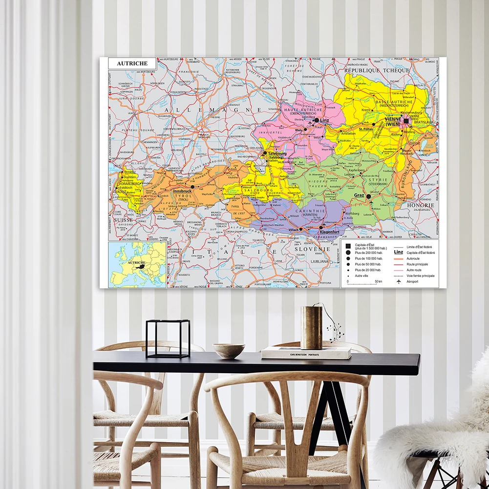 Mapa de transporte de Austria en francés, lienzo no tejido, póster de pared, decoración del hogar, suministros escolares, 225x150cm