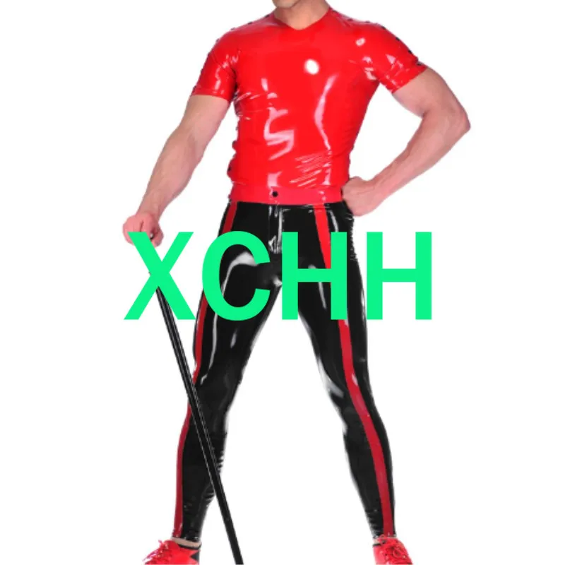 

Handmad Latex 100% Rubber Sexy Men Uniform Black Pants Red Tops Latex Bodysuit Latex Bodysuits Customize Size XXS-XXL