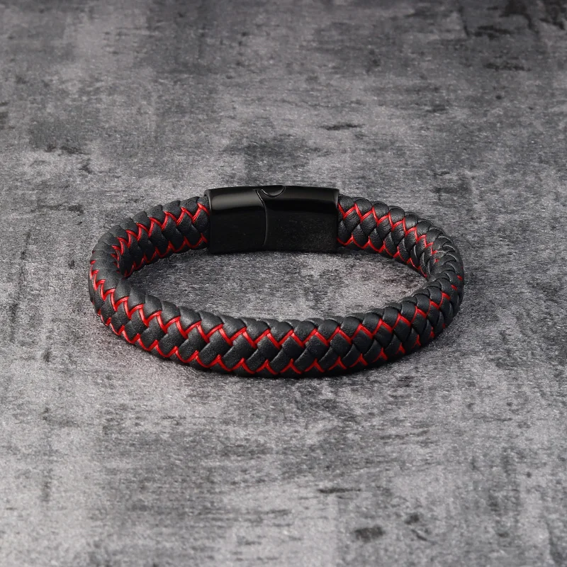 Trendy Red Genuine Leather Bracelet for Men Jewelry Multicolor Stainless Steel Magnetic Clasp Braided Wristband Male Punk Gift