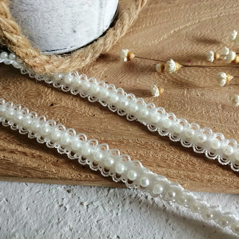 1CM Wide White Polyester Glitter Pearls Braided Webbing Beaded Fringe Lace Edging Trim Wedding Dress Headwear DIY Sewing Decor