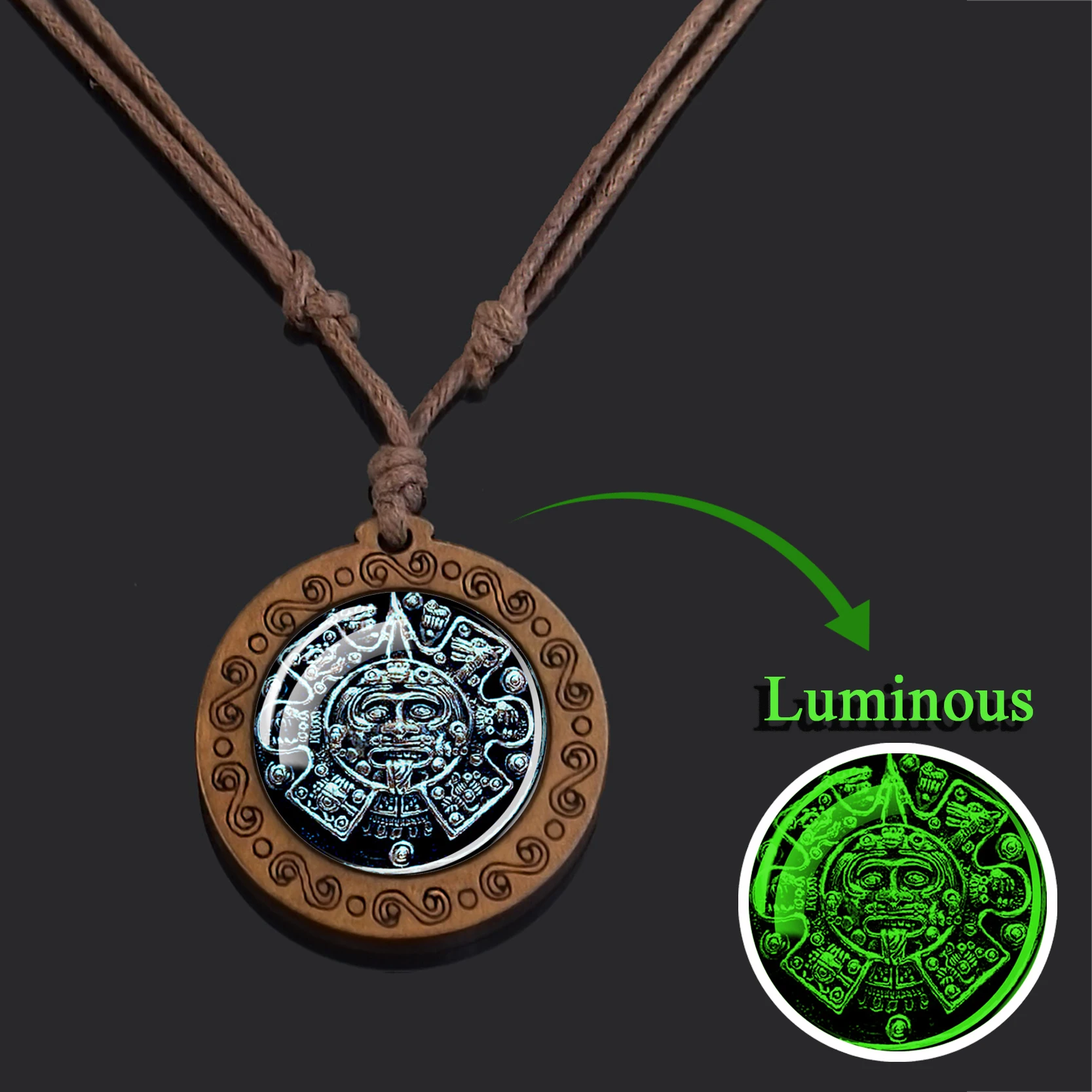 Esspoc Mayan Calendar Necklace Vintage Wooden Mexican Luminous Aztec Calendar Jewelry Glass Cabochon Chains Necklaces Women Gift