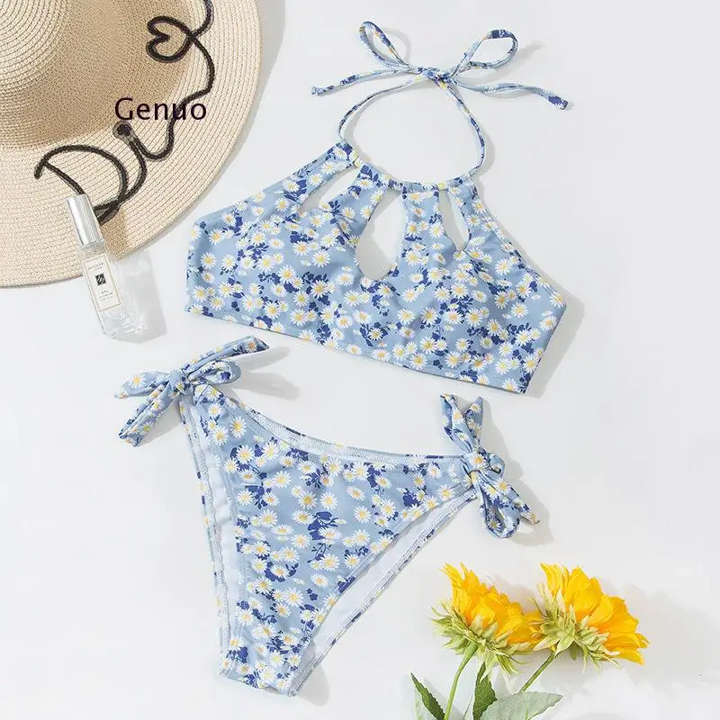 Sexy Floral Print Bikini Women Front Tie Push Up Bra Hollow Out Bandage Thong Swimwear Beach Bathing Suit Swimsuit Biquini