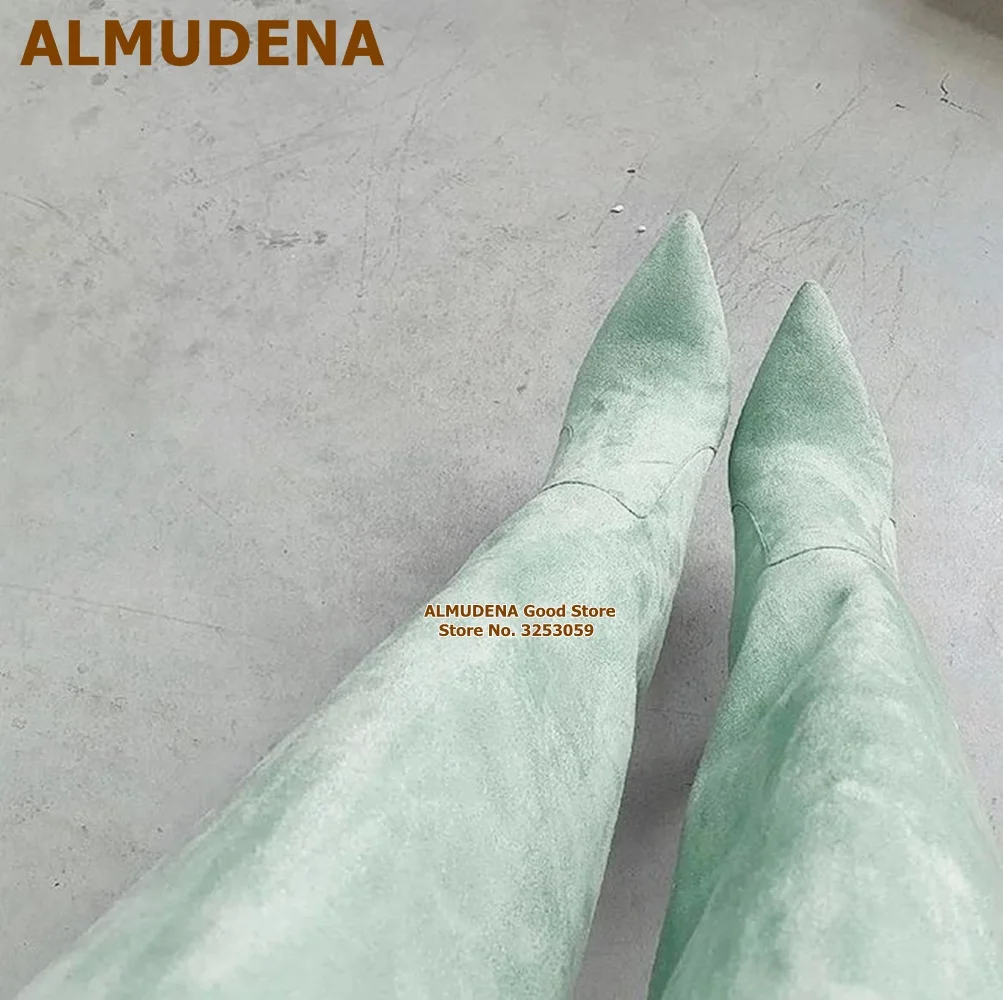 ALMUDENA Mint Green Suede Over The Knee Boots Stiletto Heels Pointed Toe Thigh High Boots Women Fall Winter Gorgeous Dress Shoes