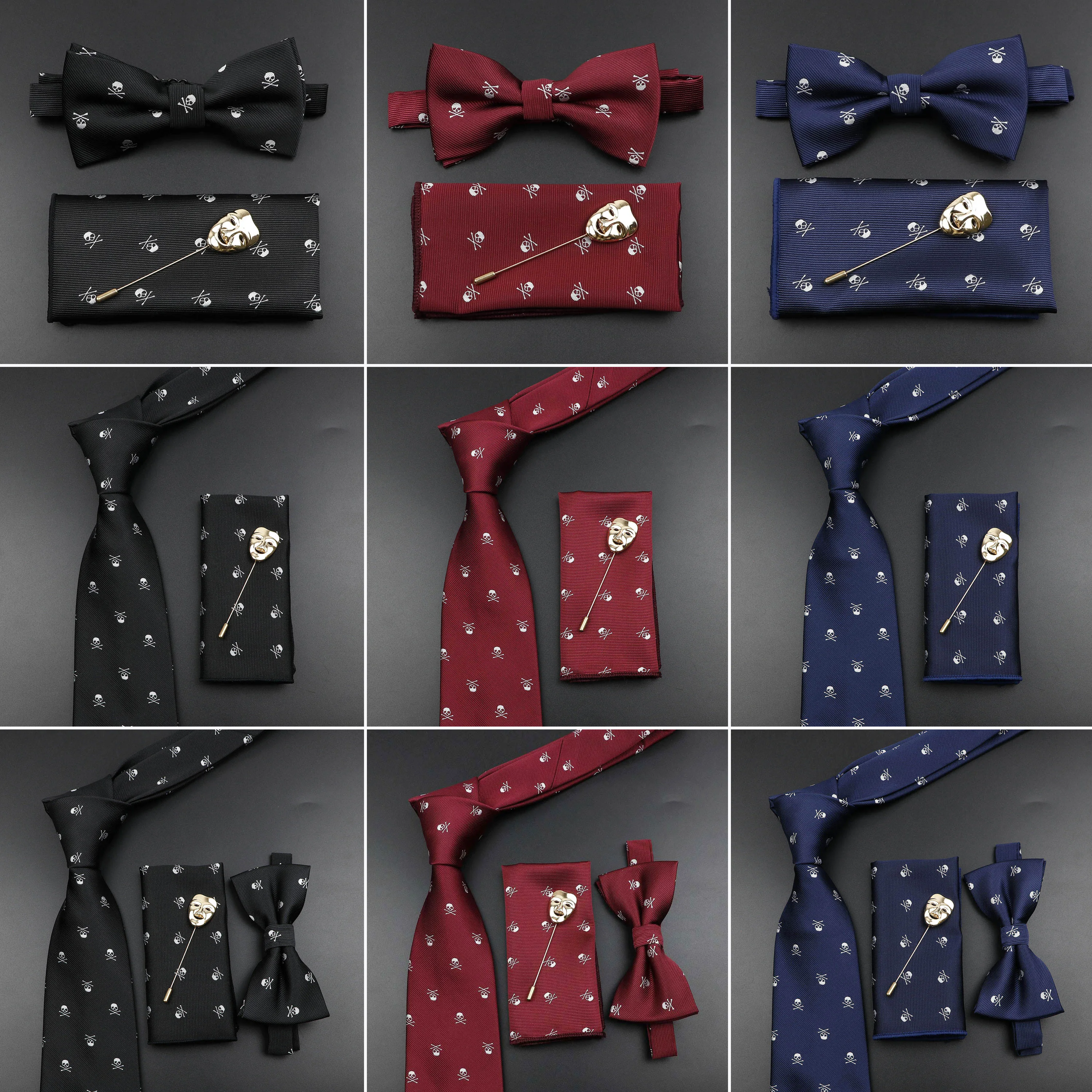 Fashion Men's Skull Tie Set New Design 8cm Polyester Suit Collar Bowtie Handkerchief Trendy Mask Brooch Luxury Wedding Accessory